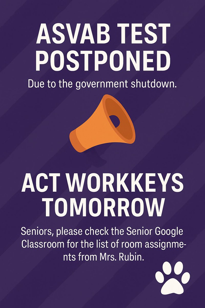 📢 Seniors: The ASVAB test is postponed due to the government shutdown.
🎓 Tomorrow, eligible seniors will take the ACT WorkKeys instead!
✅ Check the Senior Google Classroom for room assignments from Mrs. Rubin.
#PantherNation #WorkKeys #CareerReady