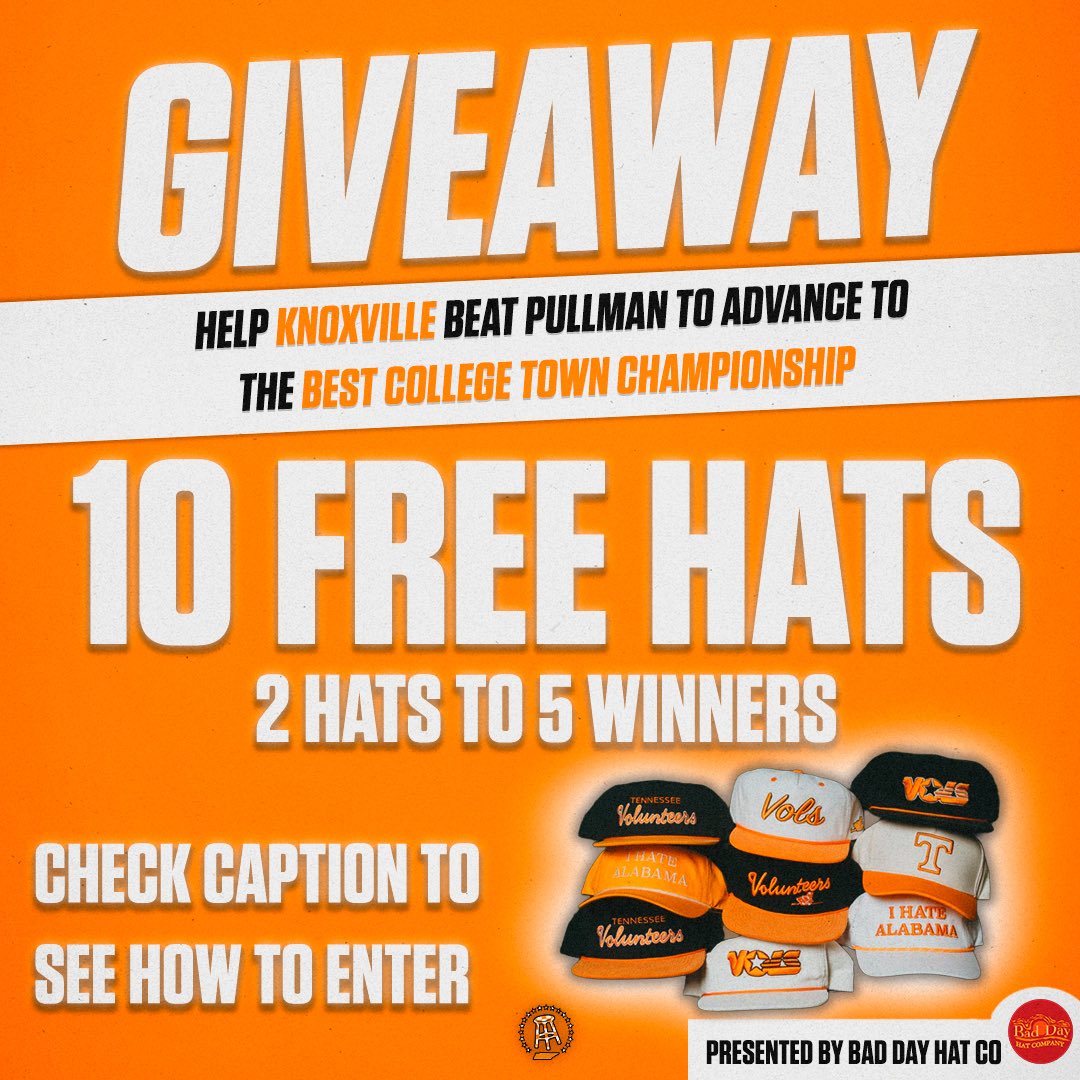 BarstoolTenn's tweet image. 🚨GIVEAWAY🚨

We’ve partnered with @BadDayHatCoTenn to give away 10 free hats to YOU!

How to enter:
1. Comment #KnoxvilleBCT and proof of you texting VOLS to 90448
2.Follow @BadDayHatCoTenn 

Good luck, and vote Knoxville!
#KnoxvilleBCT
