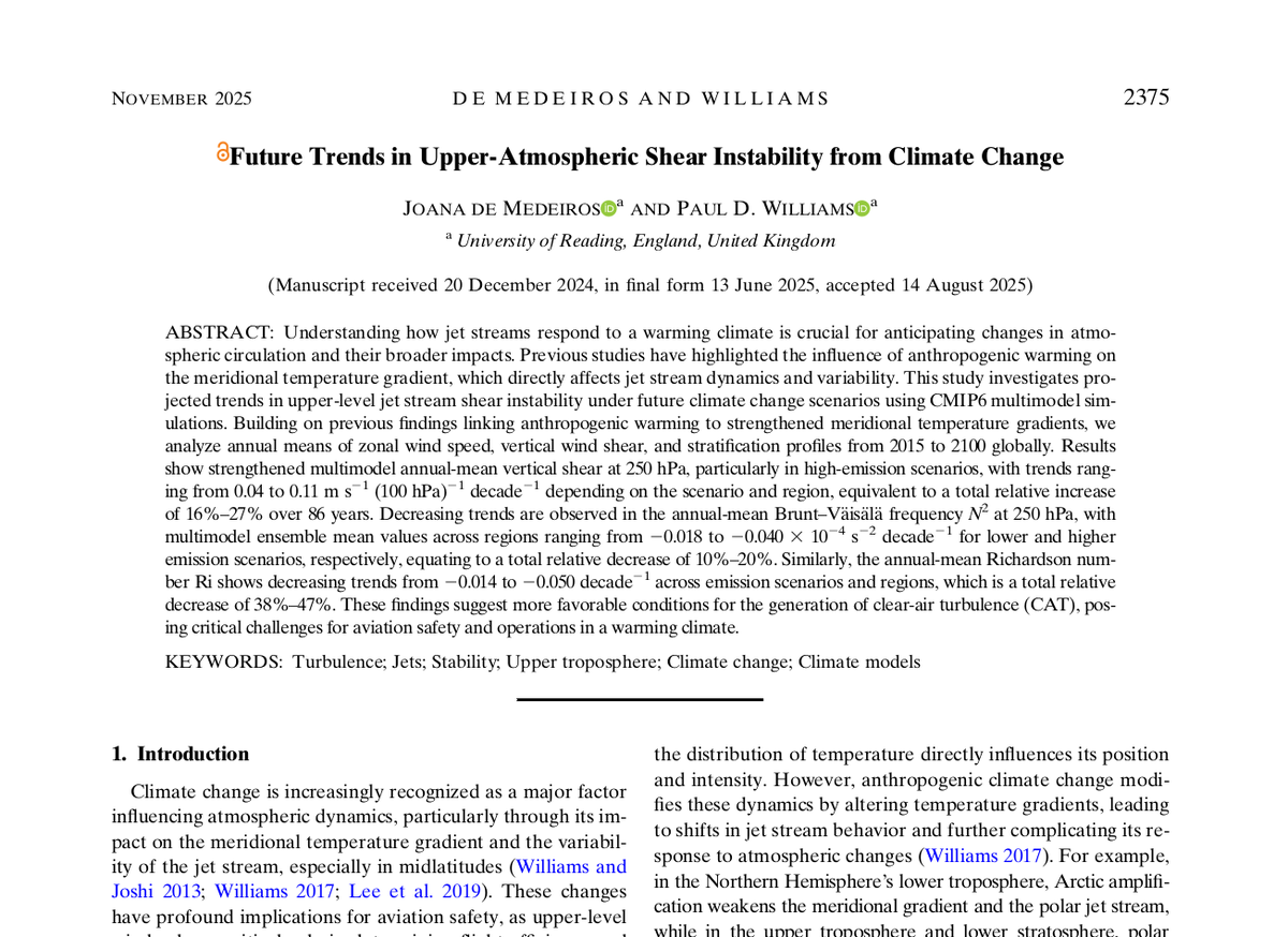 Our new study finds that the upper atmosphere is becoming more sheared and less stratified because of climate change. Both these changes are making the air less stable and more conducive to turbulence.

Published in Journal of the Atmospheric Sciences.

doi.org/10.1175/JAS-D-…