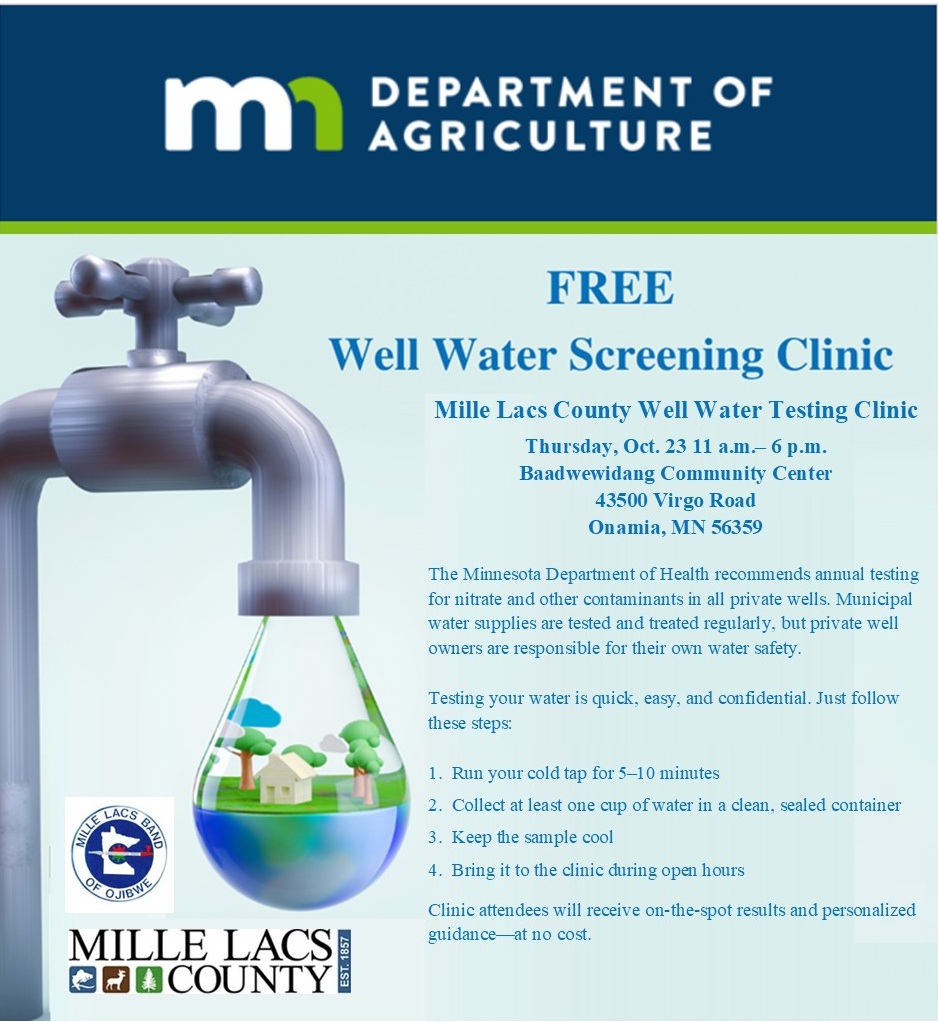 ECRDC's tweet image. Free Well Water Testing Clinic

Find out fast if your nitrate levels are safe.

Thursday, Oct. 23 | 11AM–6PM
Baadwewidang Community Center, Onamia, MN

Bring a water sample for free, confidential testing and get same-day results.  #MilleLacsCounty #WellWater #WaterTesting