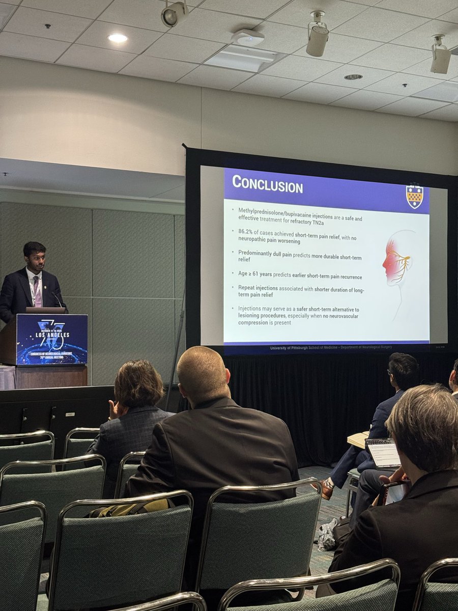Pitt_NSIG's tweet photo. Fantastic talk this morning by superstar MS2 @adway_gopakumar presenting the @PittNeurosurg experience with methylprednisolone/bupivicaine injections for trigeminal neuralgia!! #CNS2025 @CNS_Update @GAZenonosMD 

@PittTweet @PittHealthSci https://t.co/FE0qHzlKXf