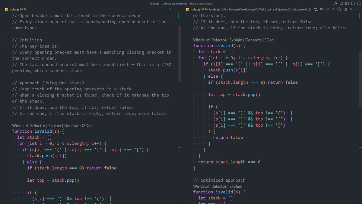 1amWaziR's tweet image. 🚀 Day 118 #200DaysOfDSA
Started learning Backtracking, exploring recursion, state space tree & pruning
Solved:
✔️ 20. Valid Parentheses
- used Stack (LIFO)
Focus: backtracking, recursion flow & 2Q/day
Big thanks to @akshaymarch7
#DSA #JavaScript #ProblemSolving #Backtracking