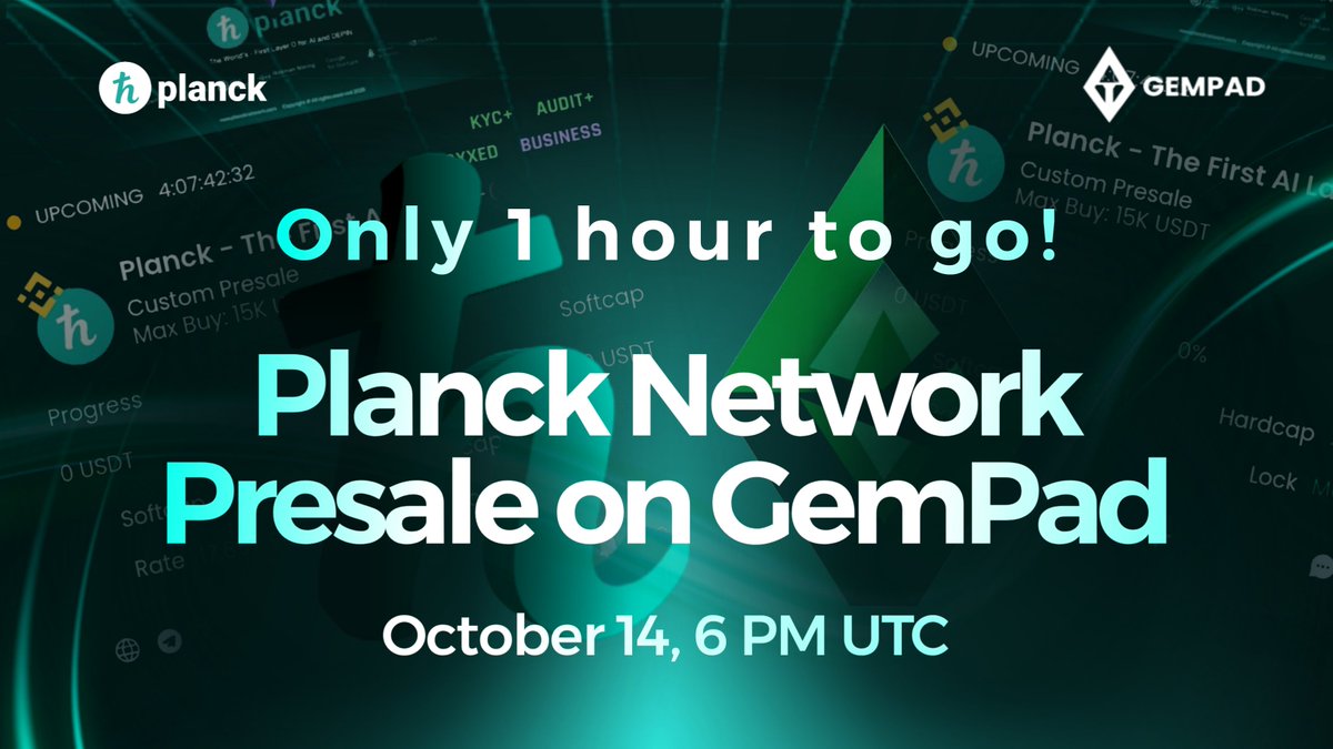 plancknetwork's tweet image. 🚨 Only 1 Hour to Go! 🚨
The Planck Network Presale is almost LIVE — get your bags ready! ⏰
💸 Grab $PLANCK at a massive 72% discount compared to launch price
👜 Minimum buy just $200
💰 Presale will be in USDT on BSC (BNB Smart Chain)
🔗 Join Now: gempad.app/presale/0x8080……