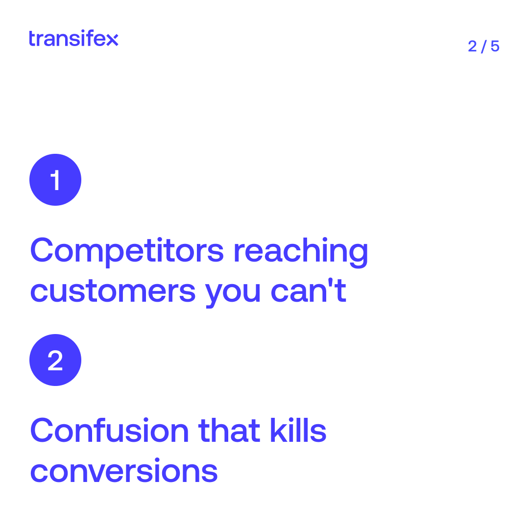 transifex's tweet image. Your product works. But if customers can't understand why it matters to them, in their language, it doesn't matter.
Discover marketing translation: hubs.la/Q03NqD6-0
#Transifex #localization #AI #TransifexAI #websitetranslation #AILocalization #MarketingTranslation