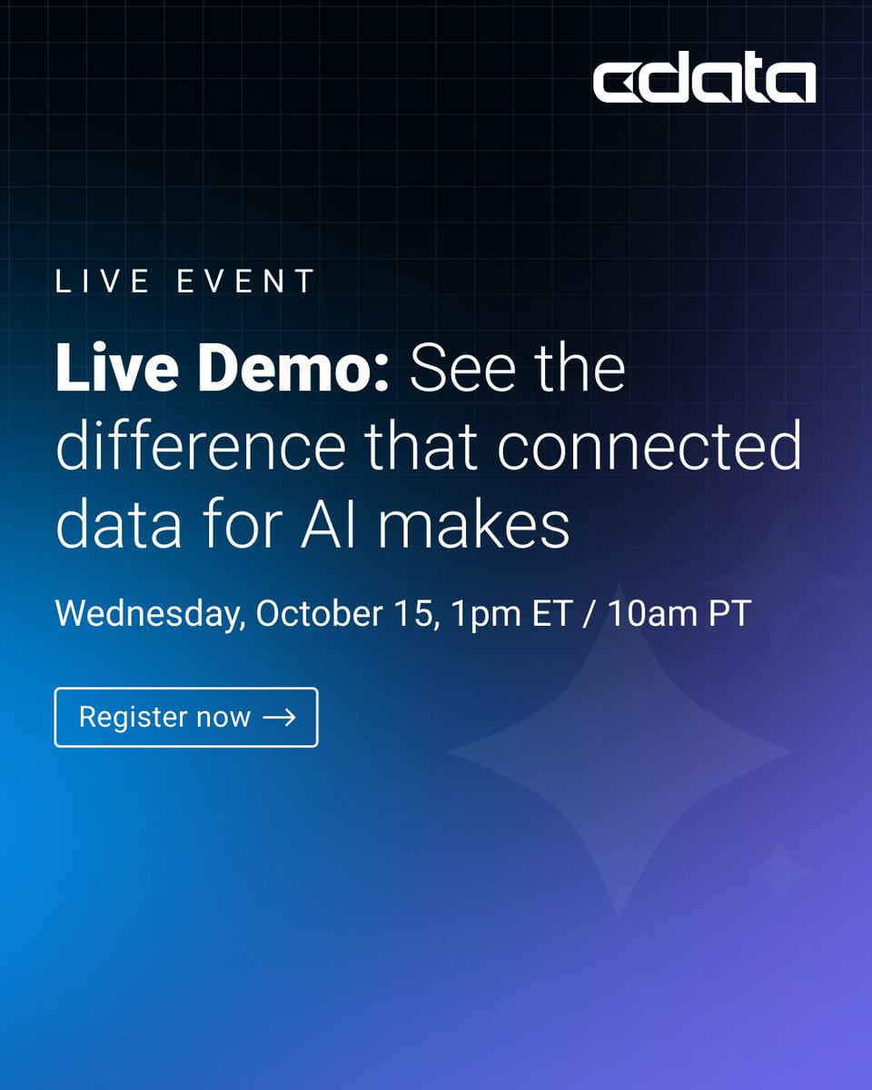 cdatasoftware's tweet image. 💡 Generic AI responses holding you back? The missing piece: YOUR enterprise data, securely connected via MCP.
Join our free demo this time tomorrow to see the dramatic difference connected data makes for AI accuracy: bit.ly/4ntn3C0
#CData #ConnectAI #AI #MCP #LiveDemo