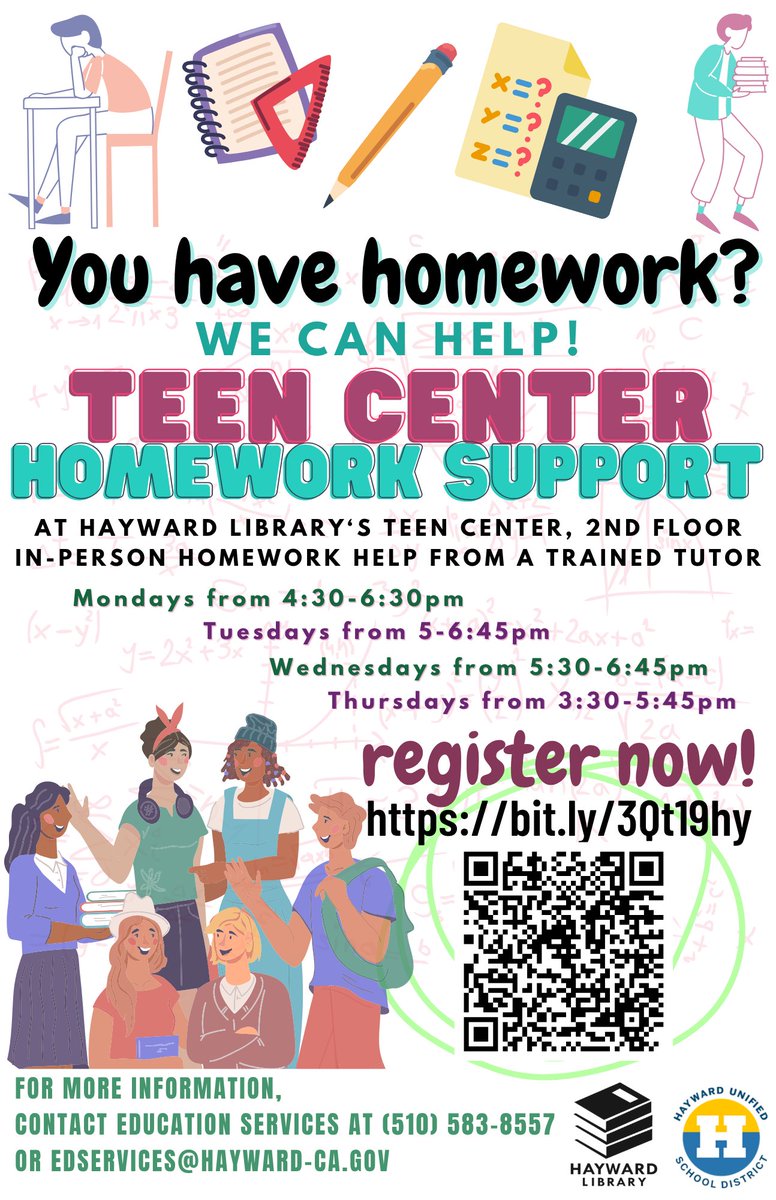 HaywardLibrary's tweet image. You have homework? We can help! Homework Support is now available in the Teen Center on the 2nd floor of the Downtown Library. Get in-person homework help from a trained tutor for free!

Register here: haywardlibrary.wufoo.com/forms/hayward-…