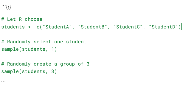 Teaching Tip Tuesday: Let R Choose!

🎲Need to randomly call on students or make groups? Let R do the work!

✅ Quick
✅ Fair
✅ No popsicle sticks required 😄

#TeachingTipTuesday #RStats #TeachersWhoCode #MathTeachers