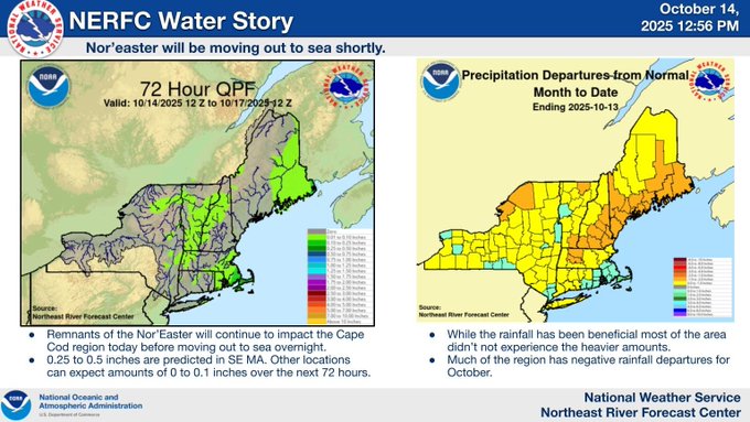 The left image displays a 72- hour rainfall forecast for the NERFC region.
The right image displays Month to Date precipitation departures across New York and New England.