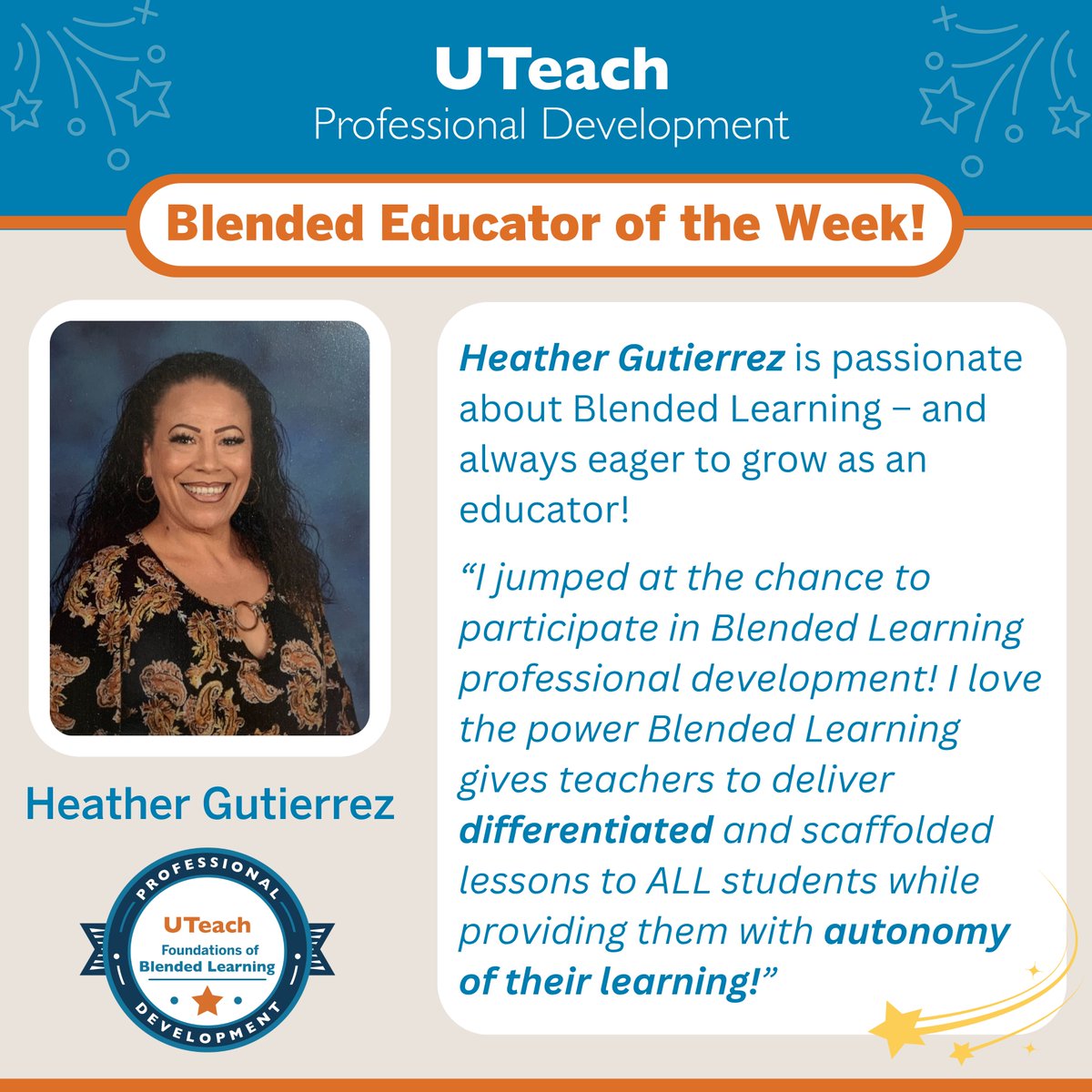 💡 Shoutout to Heather Gutierrez, 4th grade RLA teacher at Clements-Parsons Elementary, Copperas Cove ISD and our Blended Educator of the Week!
With 11 years of experience, Heather inspires students through #BlendedLearning, giving them voice, choice &amp; ownership in literacy. 📚🙌