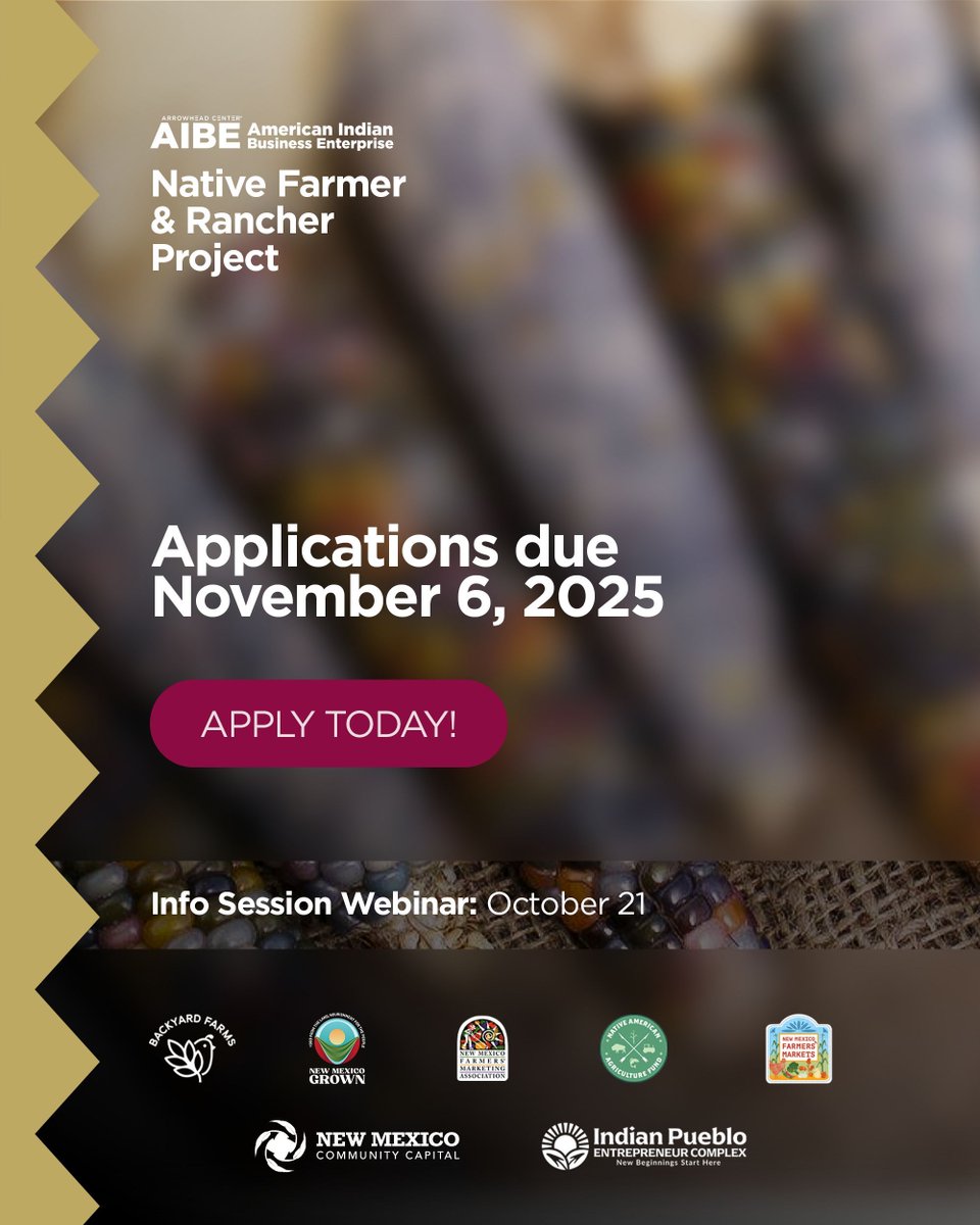 Heads up! The AIBE Native Farmer Project application window is open! 

Info session webinar is October 21, 2025

Get funding and support for your operation, thanks to <a href="/NativeAgFund/">Native American Agriculture Fund</a>. The deadline is Nov. 6, 2025. 

Apply now: buff.ly/Vy3lhbJ