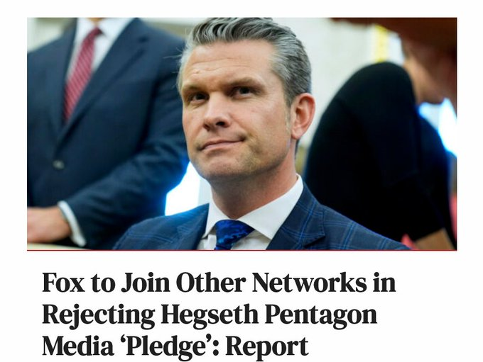 mmpadellan's tweet photo. 🚨THIS IS AMAZING:

Most major news publications have REFUSED to sign Pete Hegseth's ridiculous, restrictive "pledge" in exchange for access, including:

New York Times
Wall Street Journal
Associated Press
Washington Post
Atlantic
Reuters
Politico
NPR
CNN
The Guardian
The Washington Times
The Washington Examiner

🤯EVEN FOX NEWS AND NEWSMAX!!
(not technically considered "news")

This is how you defeat fascism:
UNITED.