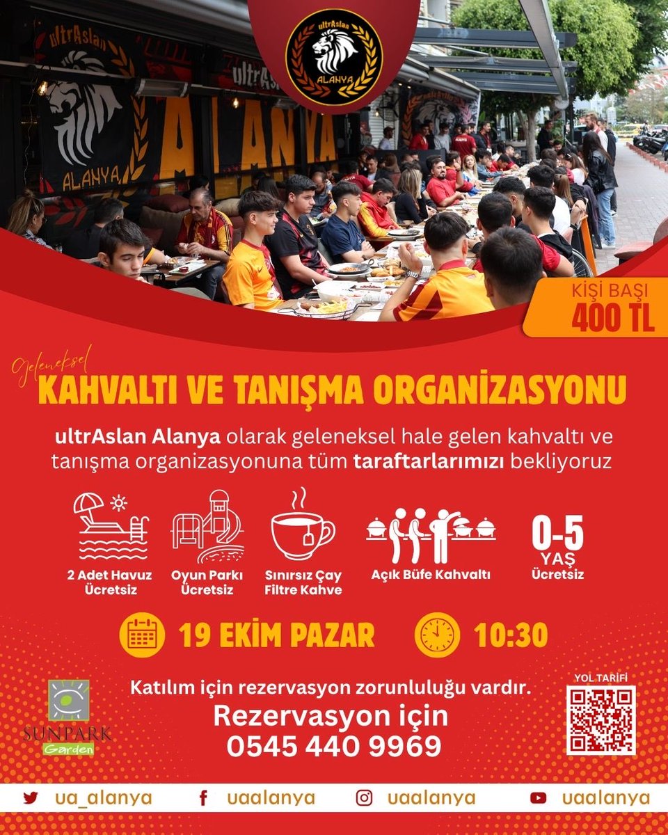 TANIŞMA KAHVALTISINA BEKLİYORUZ ! 
19.10.25 pazar günü Sunpark Garden otelde yapacak olduğumuz tanışma kahvaltısına tüm Galatasaraylılar davetlidir. Açık büfe kahvaltı ücreti 400 Tl’dir Rezervasyon için : +90 (545) 440 99 69 iletişime geçebilirsiniz.

#uAAlanya #uAYurtiçi