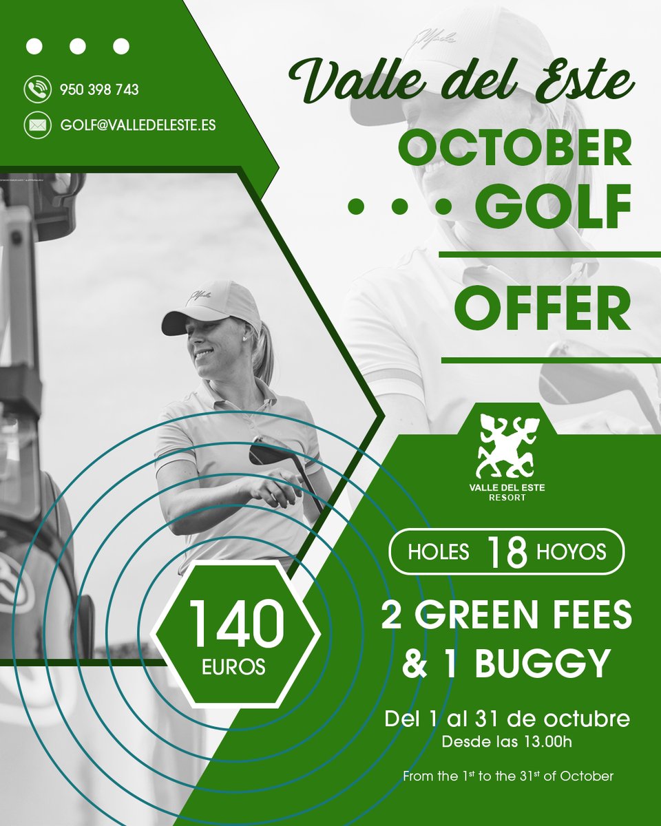 🏌️ 𝐎𝐅𝐄𝐑𝐓𝐀 𝐃𝐄 𝐆𝐎𝐋𝐅 𝐝𝐞 𝐎𝐂𝐓𝐔𝐁𝐑𝐄 🏌️‍♀️
⛳ Incluye:
✔️ 2 Green Fees (18 hoyos)*
✔️ 1 Buggy
💥 Todo por solo 140€💥
* A partir de las 13.00h