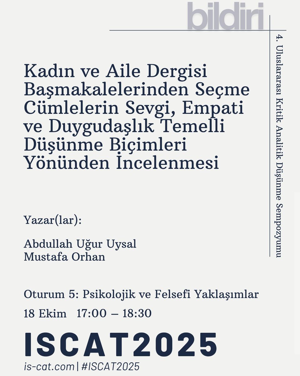 acaperspective's tweet photo. ISCAT2025 – Oturum 5
Psikolojik ve Felsefi Yaklaşımlar

Barışın ve birlikte yaşamanın psikolojik temellerini keşfediyoruz.

#ISCAT2025 #BirlikteYaşama #Felsefe #AcademicPerspective https://t.co/PVWQn0nivw