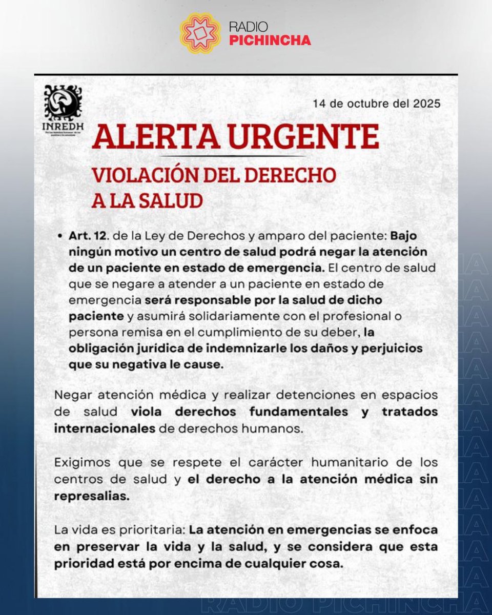radio_pichincha's tweet photo. 🔴 #ATENCIÓN | Denuncian que convoys militares ingresan a hospitales en Imbabura para detener a heridos. Se habría ordenado no brindar atención y alertar a la policía, lo que vulnera derechos humanos. @inredh1 exige respetar el carácter humanitario de los centros de salud. https://t.co/hLbXkF0DXk