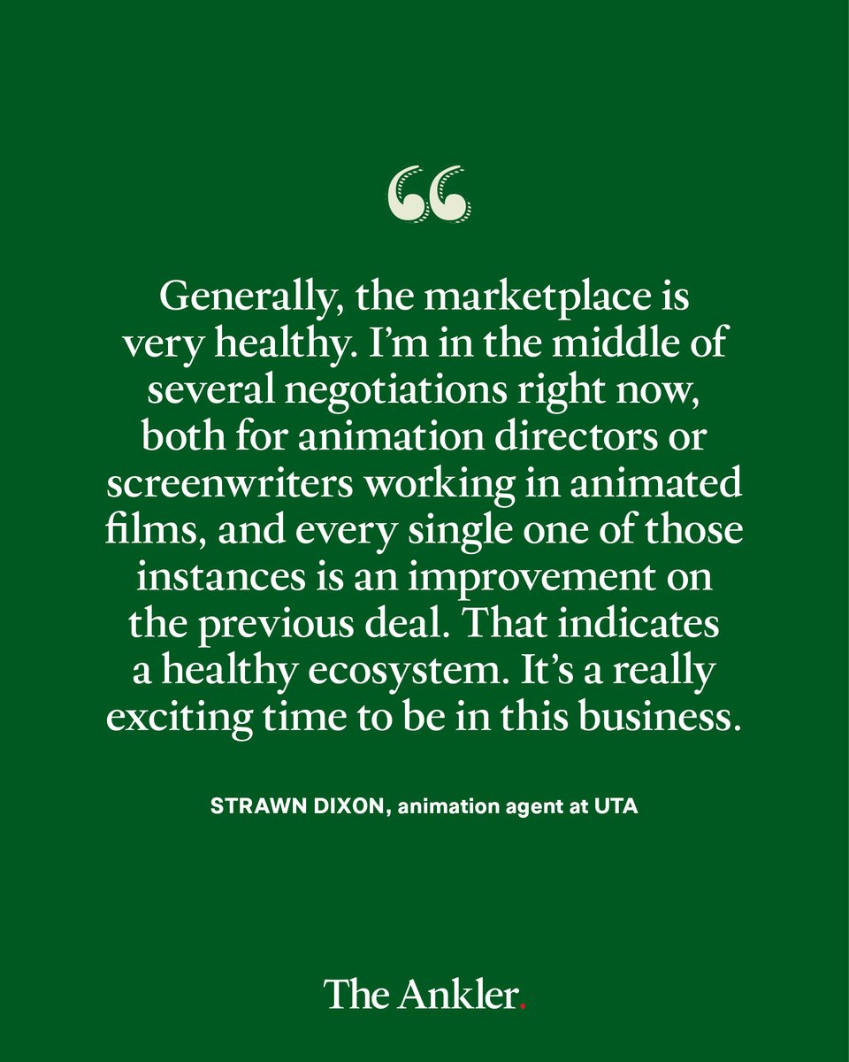 TheAnkler's tweet image. Animation is now nearly a third of the global box office. UTA animation agent Strawn Dixon tells @ashleycullins how filmmakers moving between studios are fueling bigger hits, stronger deals, and a boom in original storytelling theankler.com/p/animation-bo…
