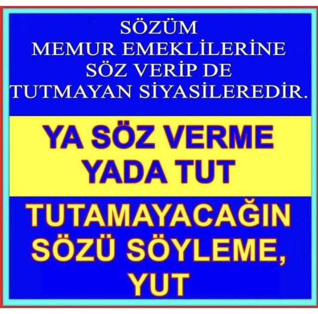 SEYYANENİ #EmekliMemur un almasını engelleyen 375/40 KHK'nin ne kanunlar nezdinde nede Emekli Memur gözünde #anlamıyok
Emekli Memura seyyanen sözü yerine gelmeyen <a href="/RTErdogan/">Recep Tayyip Erdoğan</a> ın bundan sonraki sözünün #anlamıyok
SEYYANEN vermeyen <a href="/Akparti/">AK Parti</a> ve <a href="/MHP_Bilgi/">MHP</a> oy istemenin #anlamıyok