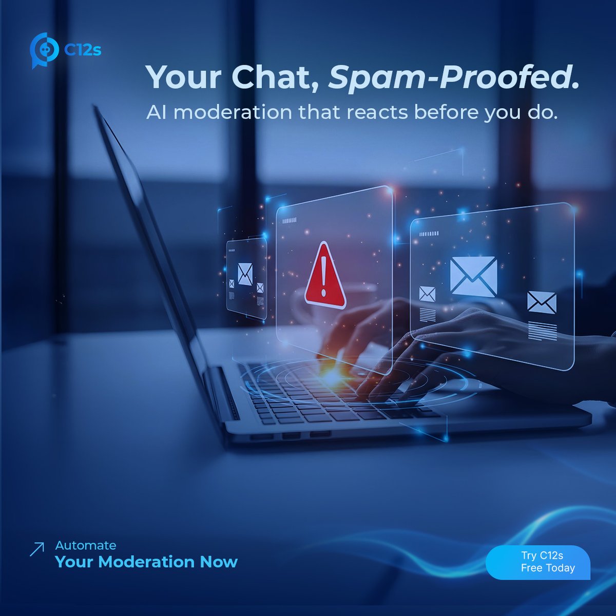 Spam doesn’t wait. Why should you?

The moment a spam bot joins, C12s.ai is already on it.
No manual cleanup.
No wasted energy.

It filters links, deletes junk, and keeps your space safe.
Your members see a clean chat.
You see fewer headaches.

Moderation doesn’t