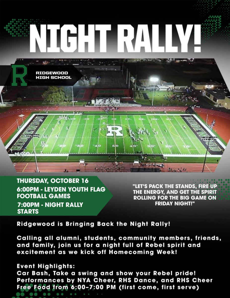 The Night Rally is BACK! Join us Thurs, Oct 16 at Ridgewood! Car Bash, performances by NYA Cheer, RHS Dance &amp; Cheer, FREE food (6–7pm)! Let’s pack the stands &amp; bring the energy for Homecoming!
