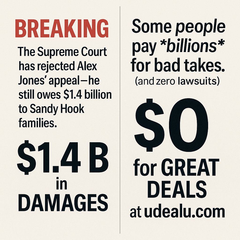 udealu's tweet photo. BREAKING: The Supreme Court has rejected Alex Jones’ appeal — he still owes $1.4 billion to Sandy Hook families.

Some people pay billions for bad takes. You can find better deals (and zero lawsuits) at https://t.co/Y0sclatZLy.
💸 #Deals #News #AlexJones #SupremeCourt https://t.co/zejkg1bJ0S