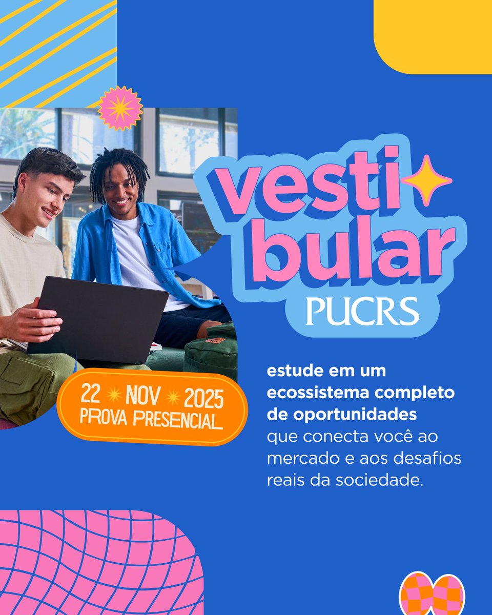 Biblioteca PUCRS (@bibliotecapucrs) on Twitter photo ✨O primeiro passo para tudo que você pode ser começa aqui. As inscrições para o Vestibular da PUCRS já estão abertas!
📅 Prova presencial para todos os cursos: 22/11
💻 vestibular.pucrs.br ✨O primeiro passo para tudo que você pode ser começa aqui. As inscrições para o Vestibular da PUCRS já estão abertas!
📅 Prova presencial para todos os cursos: 22/11
💻 vestibular.pucrs.br