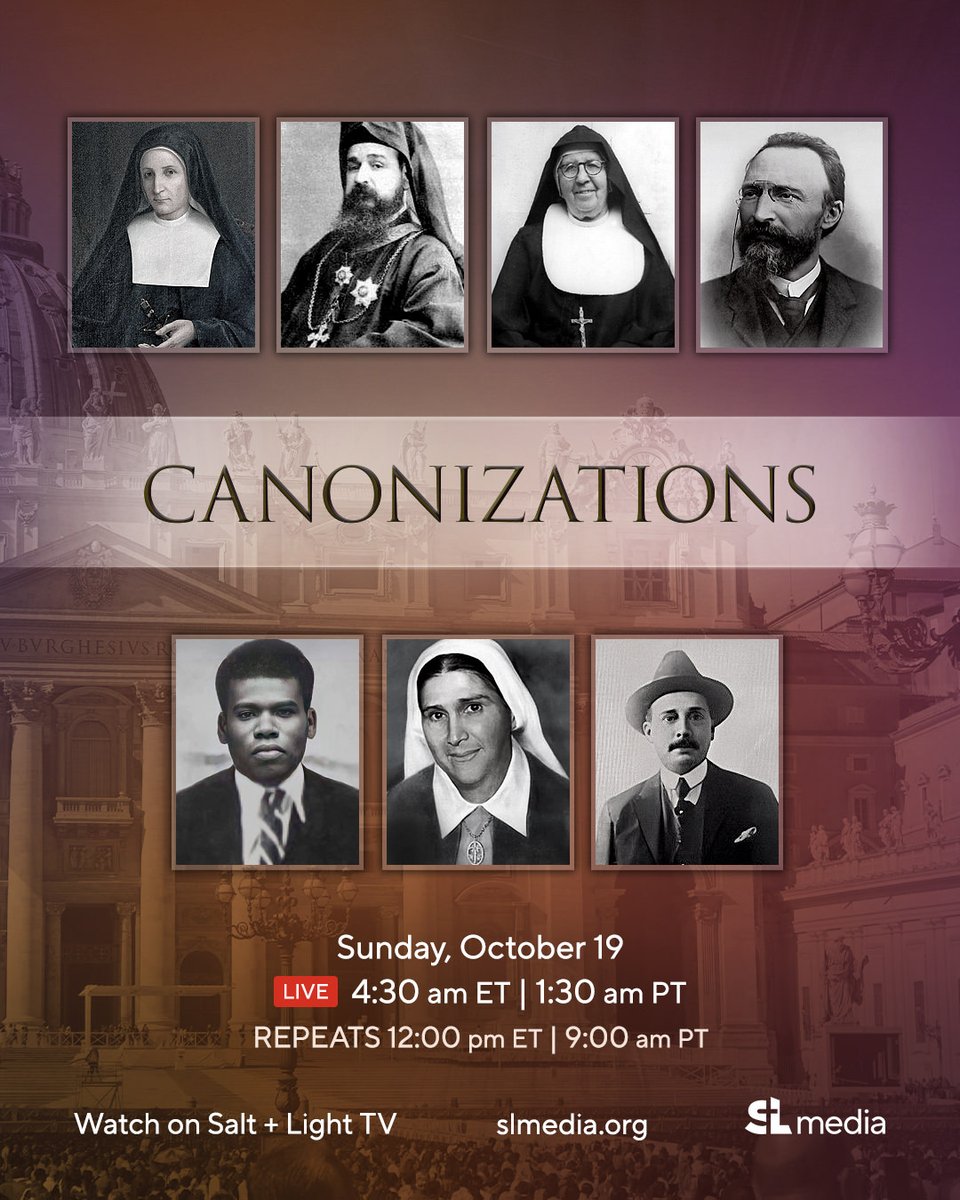 saltandlighttv's tweet photo. This Sunday, October 19, Pope Leo XIV will canonize seven new saints! 😇🙏
Join us for the Canonization Mass LIVE at 4:30 am ET | 1:30 pm PT, with a repeat at 12:00 pm ET | 9 am PT on Salt + Light TV.
#CatholicSaints #IgnatiusMaloyan #PeterToRot #LeoXIV #SLMedia https://t.co/RFqgFwpr49