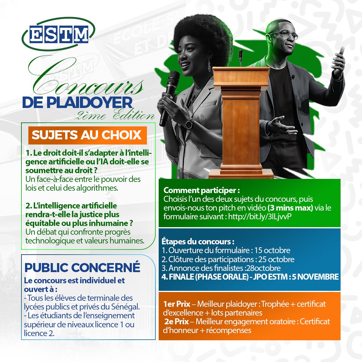 EstmDakar's tweet photo. Le Concours de Plaidoyer de l’ESTM revient pour sa 2e édition !
Lien du formulaire de participation: : https://t.co/Uu21os0GgM 
TDRS du concours ici: https://t.co/Wn7KkLMppg
#kebetu https://t.co/gp0Fu7UY9f