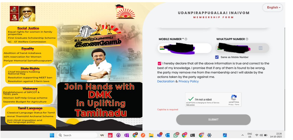 saranraj_c's tweet image. Tried for the third consecutive day and failed at the same stage during submission. Error. No new members can join DMK. You know what will happen, right? 
@arivalayam