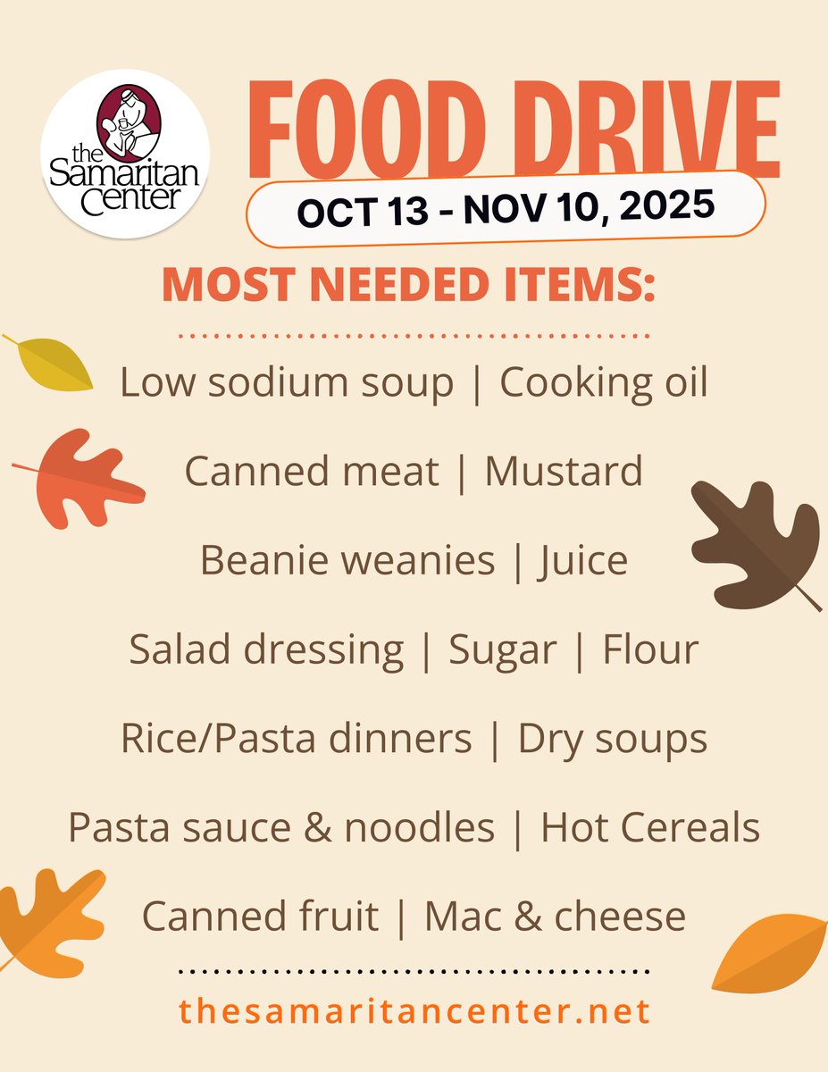 🤝 The Samaritan Center Food Drive is NOW through Nov 10!
Help families &amp; individuals in our community: 
🥫 Donate food at TN Millennium Branch locations 
💙 Give financially
Every donation counts. Let's end hunger together.