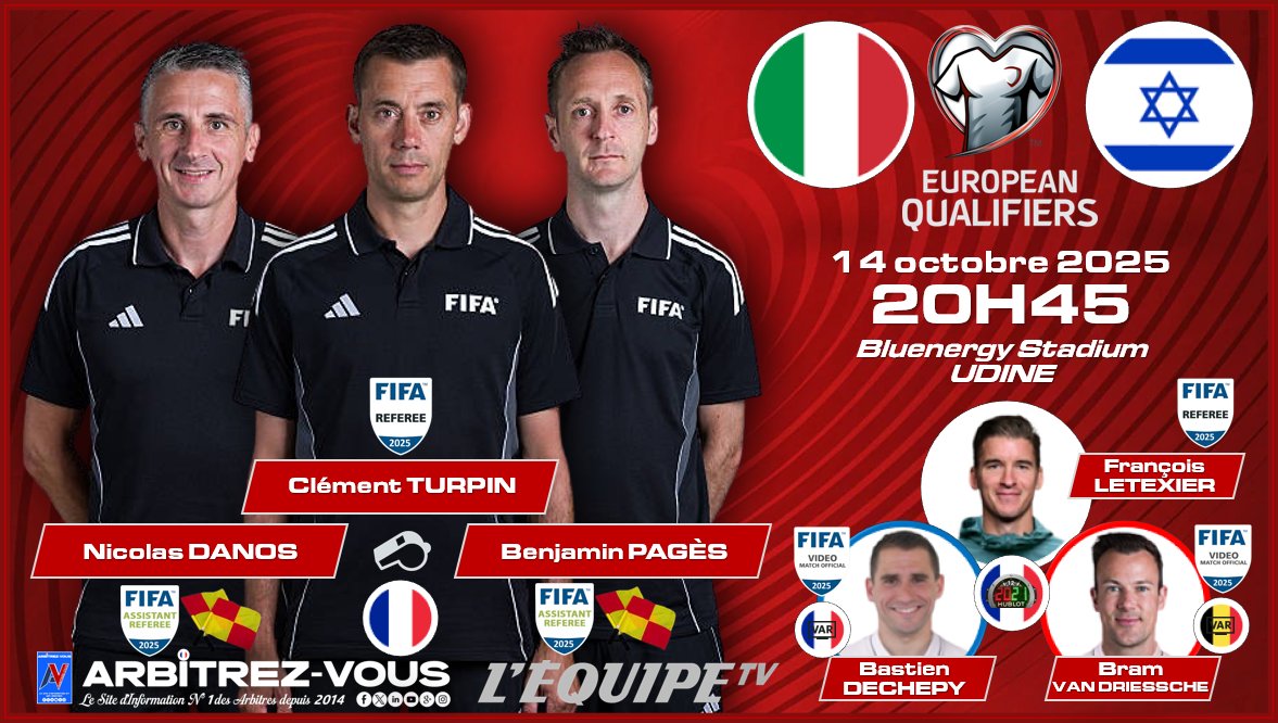 ArbitrezVous's tweet photo. 🌍| #FIFA #UEFA -🏆 #EuropeanQualifiers #fifawcqualifiers
#⃣| #ITAISR - ⚽️| ITALIE 🇮🇹🆚 ISRAËL 🇮🇱
#⃣| #IRLARM -⚽️| RÉP. D'IRLANDE 🇮🇪 🆚 ARMÉNIE 🇦🇲
#⃣| #ESPBUL - ⚽️| ESPAGNE 🇪🇸 🆚 BULGARIE 🇧🇬
ℹ️| https://t.co/kPtzumCO7U
@fifacom_fr @UEFAcom_fr @ArbitresSAFE @lequipe @deux_zero https://t.co/nDZ0UqbciC