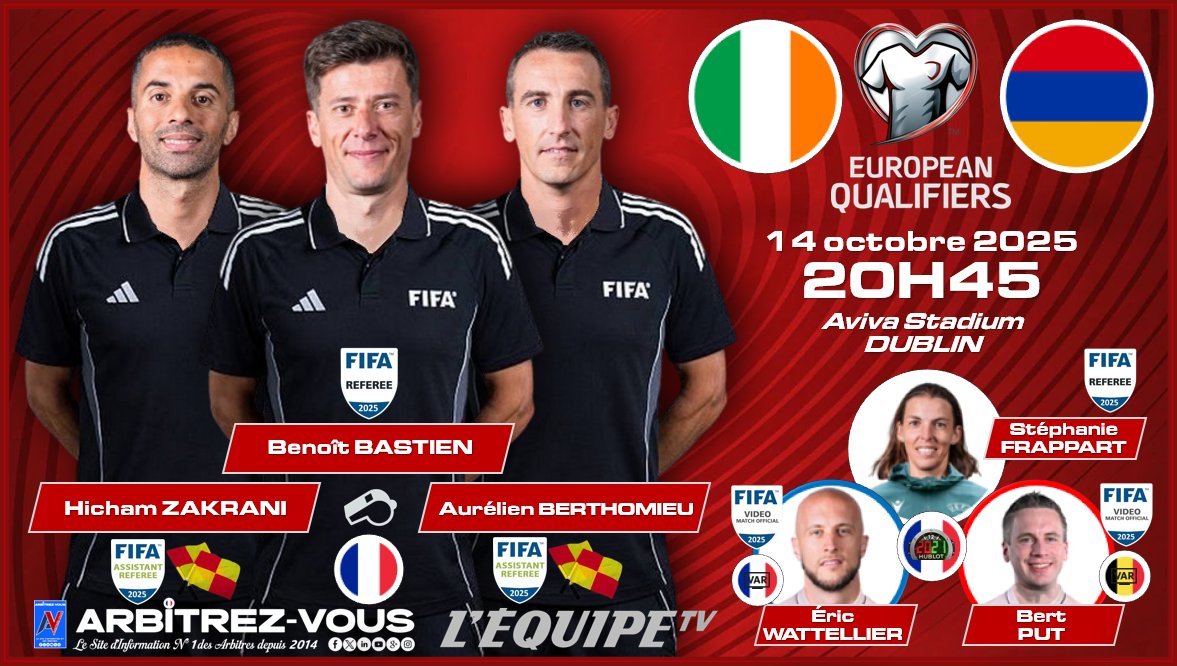 ArbitrezVous's tweet photo. 🌍| #FIFA #UEFA -🏆 #EuropeanQualifiers #fifawcqualifiers
#⃣| #ITAISR - ⚽️| ITALIE 🇮🇹🆚 ISRAËL 🇮🇱
#⃣| #IRLARM -⚽️| RÉP. D'IRLANDE 🇮🇪 🆚 ARMÉNIE 🇦🇲
#⃣| #ESPBUL - ⚽️| ESPAGNE 🇪🇸 🆚 BULGARIE 🇧🇬
ℹ️| https://t.co/kPtzumCO7U
@fifacom_fr @UEFAcom_fr @ArbitresSAFE @lequipe @deux_zero https://t.co/nDZ0UqbciC
