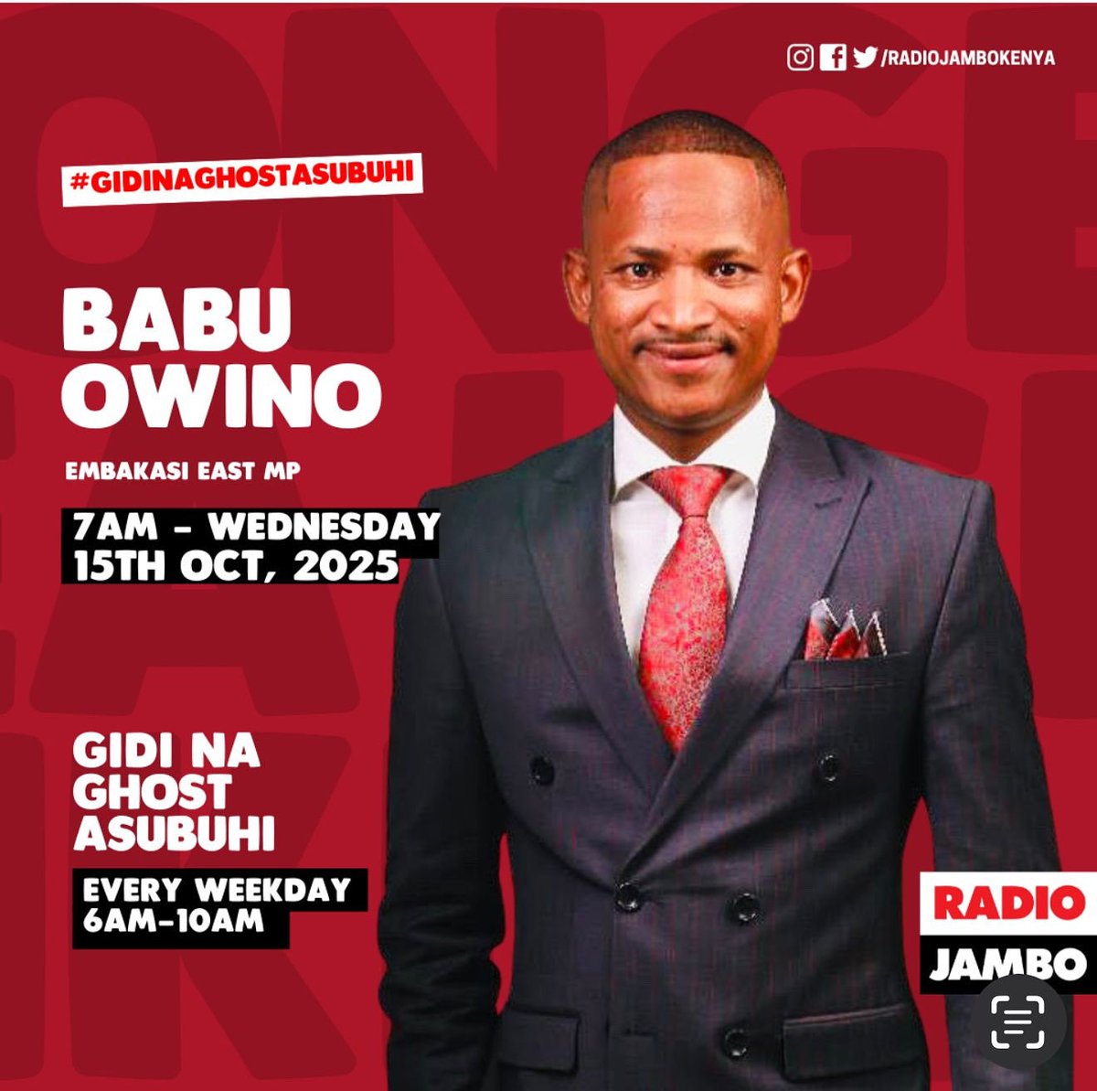 Its_wyckey's tweet photo. Wakili Hon.Dr. Babu @HEBabuOwino atakuwa @RadioJamboKenya hapo kesho asubuhi. Tunebin tomorrow and listen to Gavana mtarajiwa wa Kaunti ya NAIROBI.
C in C #KDFDay Duale Antony Kibagendi Waiguru Riggy G South Africa Babu Moi Barracks https://t.co/rdqSrbcN04