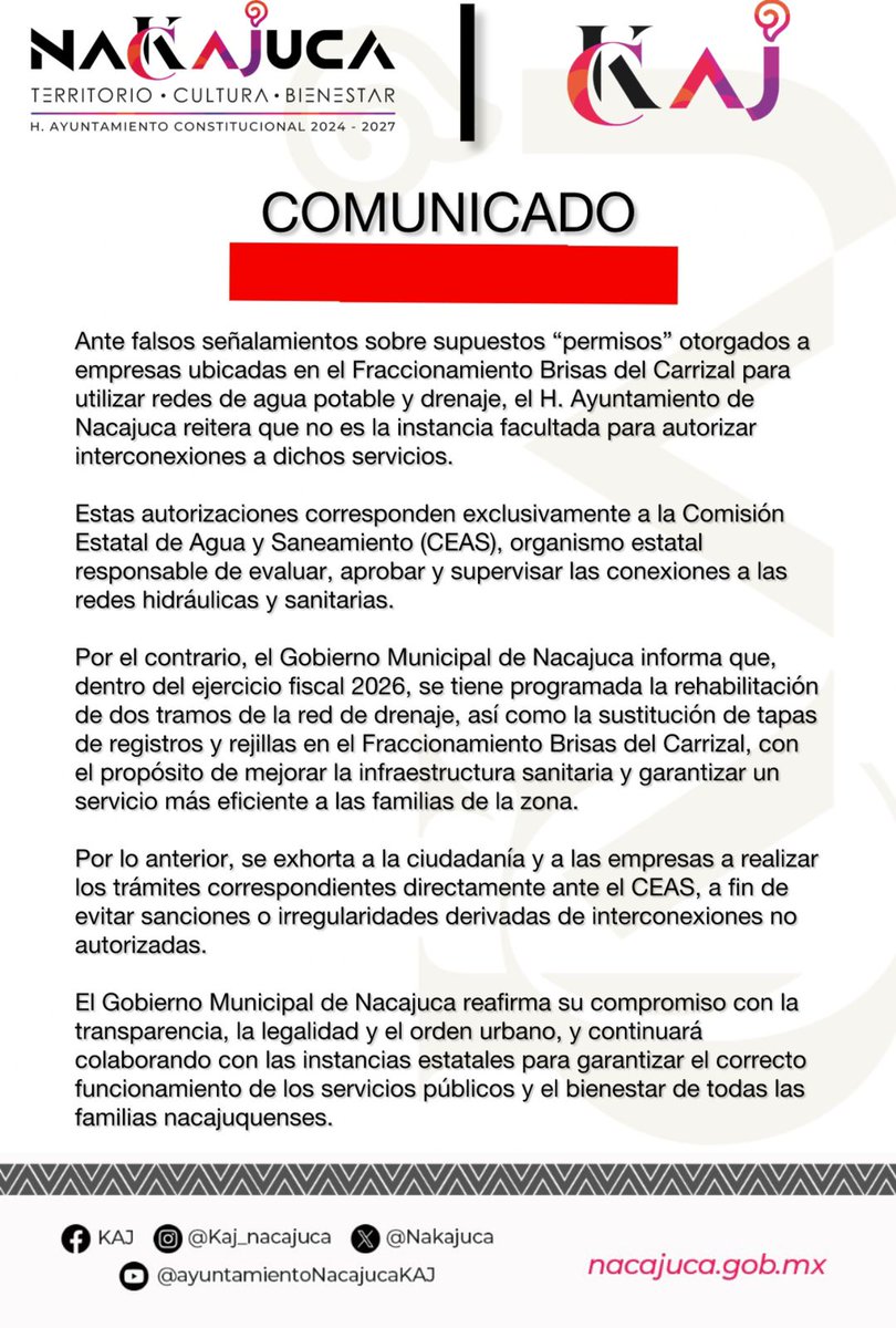 Ante falsos señalamientos sobre supuestos "permisos" otorgados a empresas ubicadas en el Fraccionamiento Brisas del Carrizal, para utilizar redes de agua potable y drenaje, el Ayuntamiento de Nacajuca, reitera que no es la instancia facultada para autorizar interconexiones.