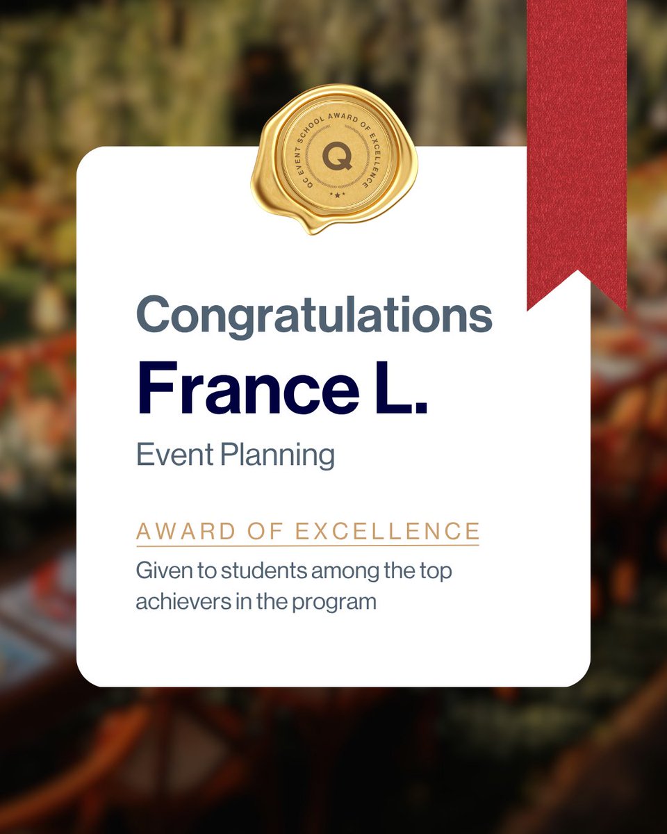QCEventSchool's tweet photo. Congrats to this week’s Award of Excellence recipients! 🏆️⁠This honor is reserved for QC students who earn an A- or higher in their course work! 👏⁠
⁠
Start your journey in events today:
💚 https://t.co/mKTvq7o1G0 ⁠
⁠
#QCEventSchool #EventPlanner #WeddingPlanning https://t.co/DLKR6TzGEy