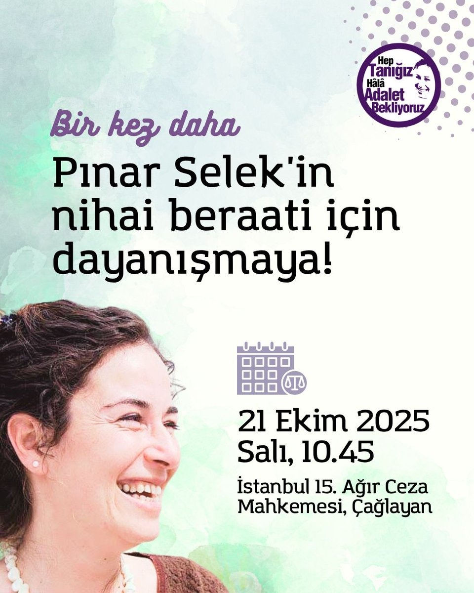 PinarSelek's tweet photo. Sosyolog-yazar @Pinar_Selek'in Mısır Çarşısı davası 26. yılında. Barış mücadelesine ömrünü adamış yoldaşımız için hepinizi dayanışmaya çağırıyoruz.

🗓️ 21 Ekim Salı⏰ 10:45
📍 Çağlayan Adliyesi - 15. Ağır Ceza Mahkemesi

Varlığınız çok kıymetli. Gelin bir kez daha el ele verelim. https://t.co/w2ZqFCA6TC