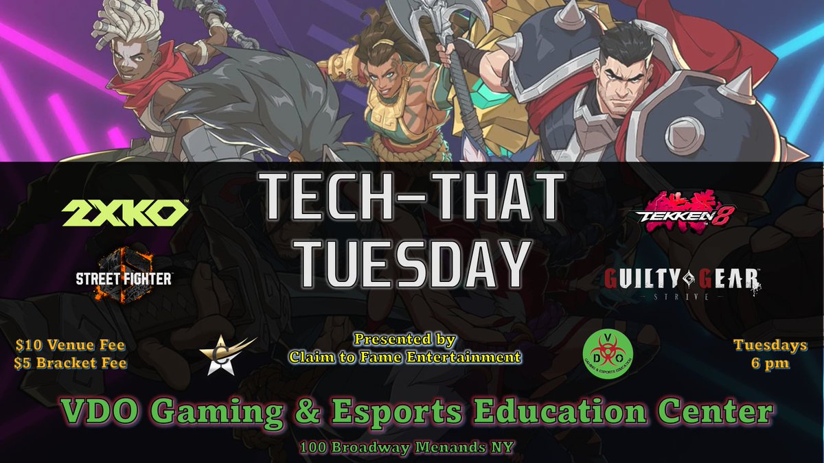 Join us tonight at <a href="/VDOgamingcenter/">VDOGaming</a> starting at 6 pm for Tech That Tuesday, our weekly FGC tournament!
 
Featured titles:
Street Fighter 6
Tekken 8
Guilty Gear Strive
2xko

#CapitalRegion #Gaming #FGC #Esports #VideoGames #AlbanyNy #StreetFighter6 #TEKKEN8 #GuiltyGearStrive #2xko