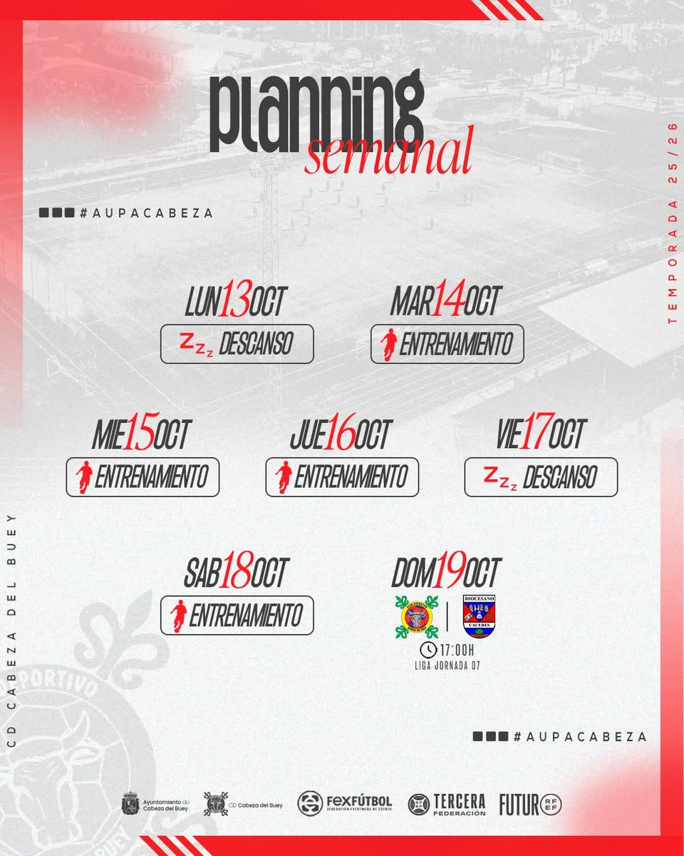 C.D. Cabeza del Buey (@cdcabezadelbuey) on Twitter photo 📅 Planning semanal | CD Cabeza del Buey ⚽🐂
🆚 <a href="/cddiocesano/">CD Diocesano</a>
📍 Estadio Municipal de Cabeza del buey
🗓️ Domingo, 19 de octubre
⏰ 17:00h
¡Vamos a por todas! 💪🔴
#aupacabeza 📅 Planning semanal | CD Cabeza del Buey ⚽🐂
🆚 <a href="/cddiocesano/">CD Diocesano</a>
📍 Estadio Municipal de Cabeza del buey
🗓️ Domingo, 19 de octubre
⏰ 17:00h
¡Vamos a por todas! 💪🔴
#aupacabeza