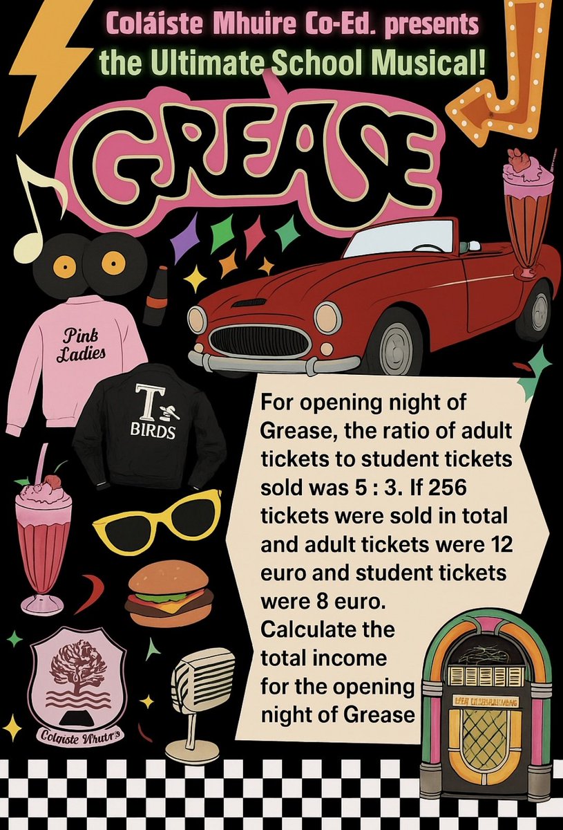 colmhuirecoed's tweet image. Can anyone figure out how much money was made on the opening night of Grease in @colmhuirecoed?
Students can enter their answers on the #mathsweek Google Classroom (Code snaeapb) to win a prize at the end of the week
#MathsInRealLife #ProblemSolving @mathsweek
@TipperaryETB