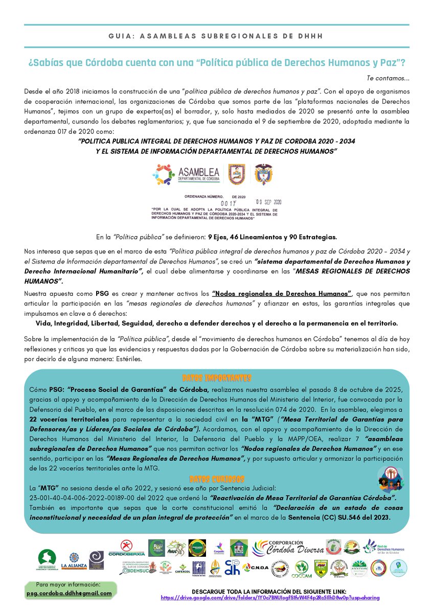 Fundación CORDOBERXIA (@cordoberxia) on Twitter photo El "PSG" (Proceso Social de Garantías) de Córdoba con la <a href="/DefensoriaCol/">Defensoría del Pueblo</a> y la <a href="/MAPPOEA/">MAPP/OEA</a>, apoyados por la Dirección de DDHH del <a href="/MinInterior/">MinInterior Colombia</a>: Realizaremos 9 "asambleas subregionales de DDHH", a las cuales te invitamos a participar.
¡Conoce el cronograma, agéndate e invita!
⬇️ El "PSG" (Proceso Social de Garantías) de Córdoba con la <a href="/DefensoriaCol/">Defensoría del Pueblo</a> y la <a href="/MAPPOEA/">MAPP/OEA</a>, apoyados por la Dirección de DDHH del <a href="/MinInterior/">MinInterior Colombia</a>: Realizaremos 9 "asambleas subregionales de DDHH", a las cuales te invitamos a participar.
¡Conoce el cronograma, agéndate e invita!
⬇️