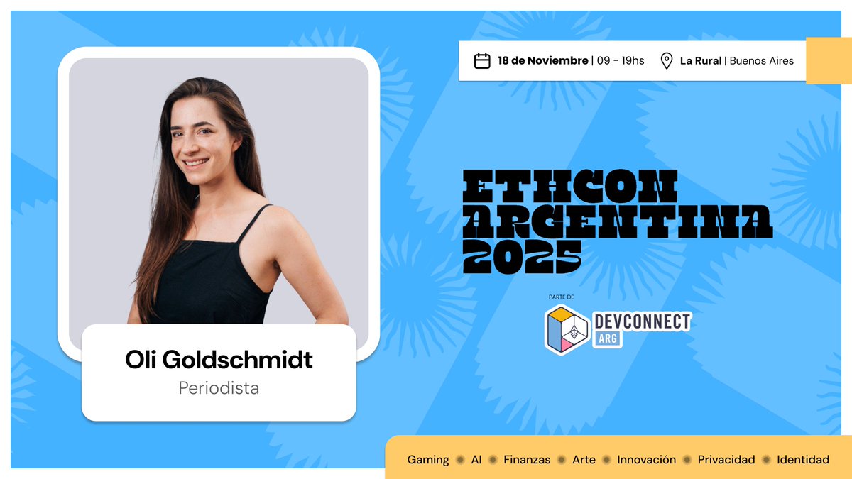 Ultra Sound Party 🔥 Aug 13 📆 (@ultrasoundparty) on Twitter photo 👋 Le damos la bienvenida <a href="/oligolds/">Olivia Goldschmidt</a> a <a href="/ETHConAR/">ETHCon Argentina</a>
Periodista y creadora de contenido, Oli conecta innovación y cultura para acercar la Web3 de una manera simple y atractiva a más personas.
🎟️ Registrate ahora y asegurá tu lugar: tickets.ethcon.ar 👋 Le damos la bienvenida <a href="/oligolds/">Olivia Goldschmidt</a> a <a href="/ETHConAR/">ETHCon Argentina</a>
Periodista y creadora de contenido, Oli conecta innovación y cultura para acercar la Web3 de una manera simple y atractiva a más personas.
🎟️ Registrate ahora y asegurá tu lugar: tickets.ethcon.ar