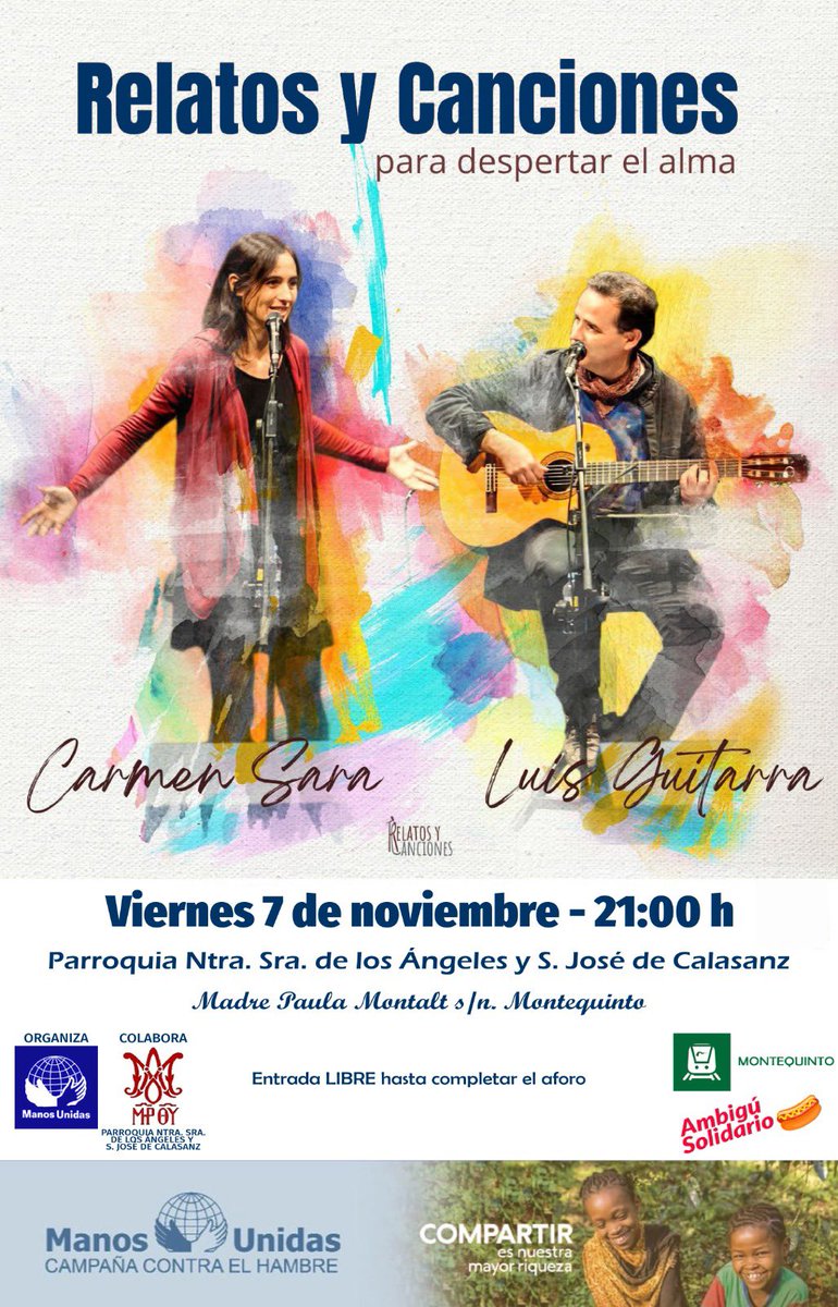 Apuntadlo en la agenda. 📖🖋️ _Viernes 7 Noviembre_ 👻

🎤 *Concierto de "Relatos y Canciones para Despertar el Alma" de Luis Guitarra y Carmen Sara Floriano.* 🎭

👉ℹ️ manosunidas.org/delegacion/sev…