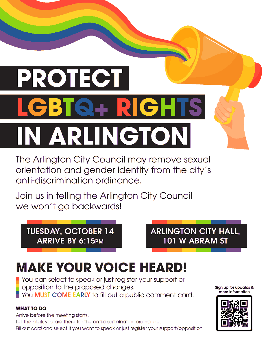 helpcentertx's tweet image. Stand Up for LGBTQ+ Protections in Arlington!! Let your voices be heard at the City Council Meeting on October 14th!