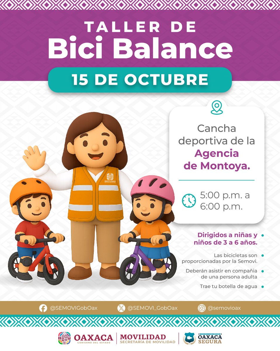 🚴‍♀️ ¡Seguimos fomentando una movilidad segura desde la infancia!
Te esperamos este 15 de octubre en la Agencia de Montoya para participar en nuestro Taller de Bici Balance.
🕔 De 5:00 p.m. a 6:00 p.m.

¡Aprender jugando también es movilidad segura!