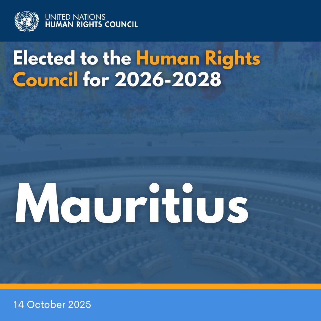 UN Human Rights Council (@un_hrc) on Twitter photo The <a href="/UN/">United Nations</a> General Assembly has elected #Mauritius as a member of the United Nations Human Rights Council (<a href="/UN_HRC/">UN Human Rights Council</a>) for a three-year term beginning on 1 January 2026. The <a href="/UN/">United Nations</a> General Assembly has elected #Mauritius as a member of the United Nations Human Rights Council (<a href="/UN_HRC/">UN Human Rights Council</a>) for a three-year term beginning on 1 January 2026.