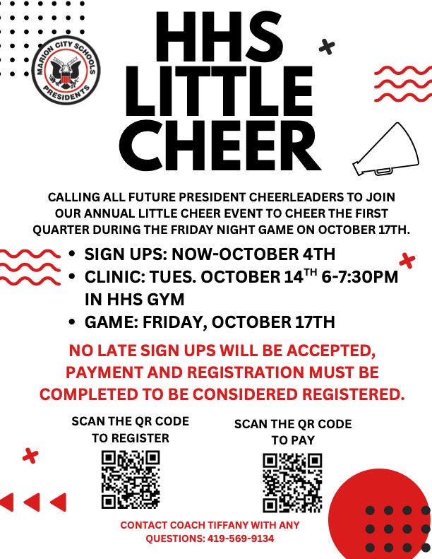 📣 HHS Little Cheer clinic is still ON tonight as scheduled!

#WeRPrexies #LoveYourSchool❤️🖤