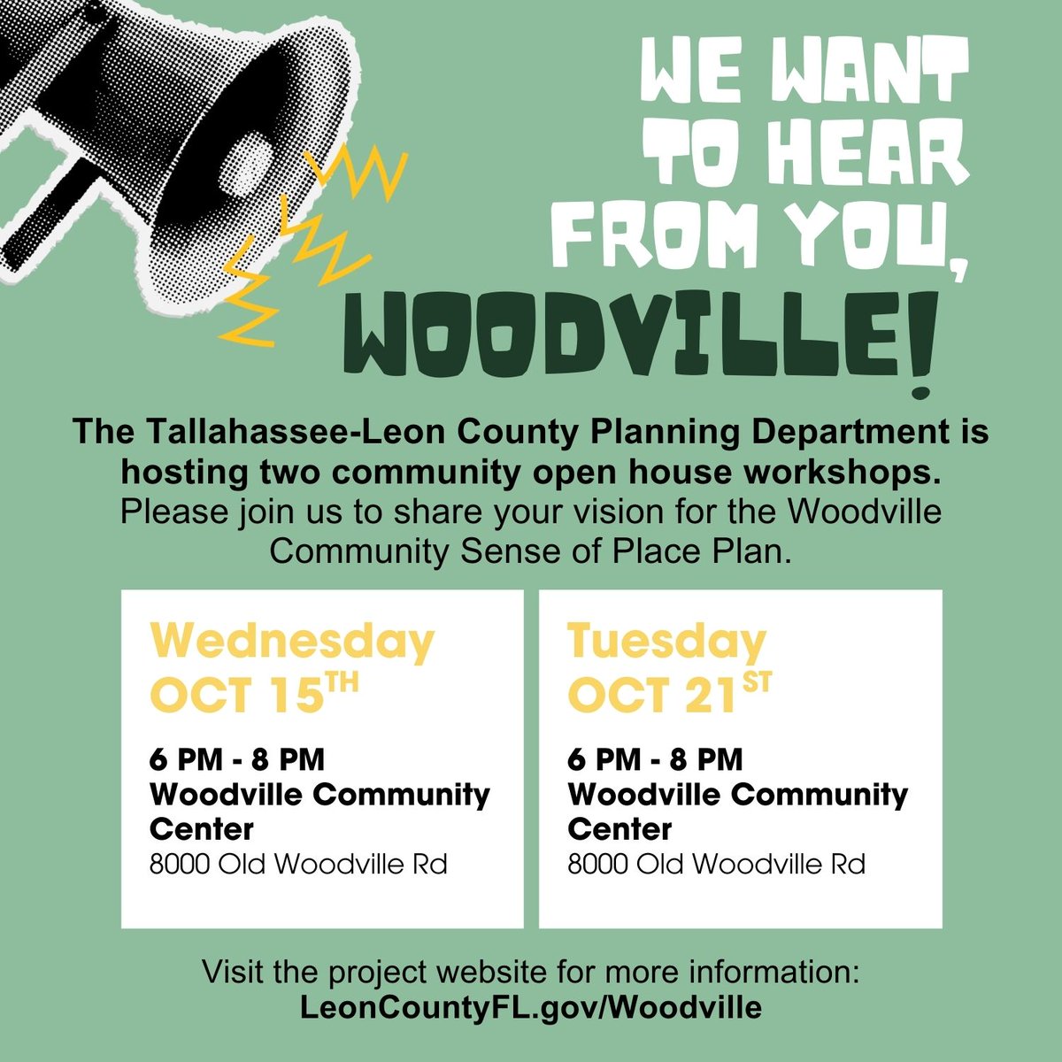 LeonCounty's tweet photo. The first Woodville Rural Sense of Place Open House takes place tomorrow, October 15, from 6 to 8 p.m. at the Woodville Community Center. Join the Planning Department and share your ideas on your vision of Woodville for the Sense of Place Plane. Details: https://t.co/86aVCDG8f5. https://t.co/AcTHq8iVA8