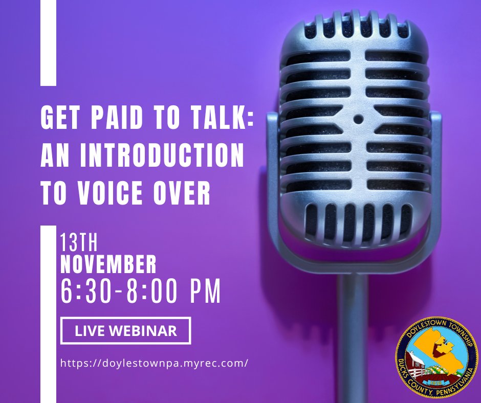 🎤 Ever wonder if you have a voice for voice-over work? Learn how to break into the industry in Get Paid to Talk: An Introduction to Voice Over! 🎙️💼

👉 More info &amp; register: doylestownpa.myrec.com/info/activitie…

#VoiceOver #GetPaidToTalk #CreativeCareers #DoylestownEvents #PublicSpeaking