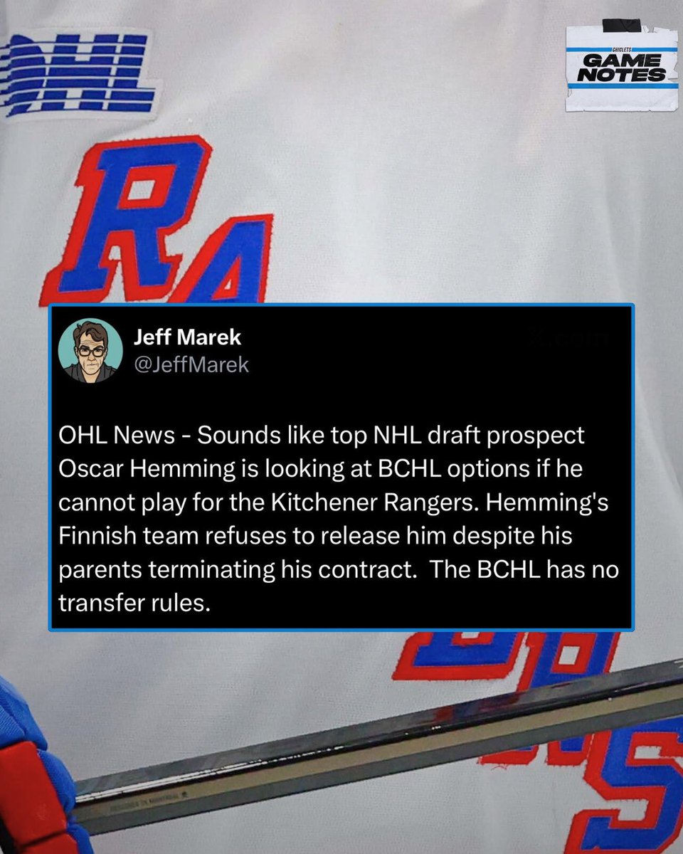 GameNotesBud's tweet image. 17-year-old top NHL draft prospect Oscar Hemming may be forced to head to the BCHL after his Finnish club refused to release his rights