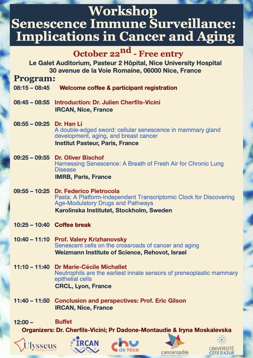 📅 Save the date – October 22
Join us in Nice for the Workshop “Senescence &amp; Immune Surveillance: Implications in Cancer and Aging”
🎓 Free participation – international speakers – lunch &amp; networking!
#Senescence #Cancer #Aging #Immunology <a href="/ircaninstitute/">IRCAN</a>