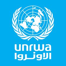 First image displays the UNRWA logo featuring a world map encircled by olive branches on a blue background with the organization name in English above and Arabic below. Second image shows a long queue of large covered trucks in various colors parked along a straight road with beige buildings and trees in the background under clear skies.